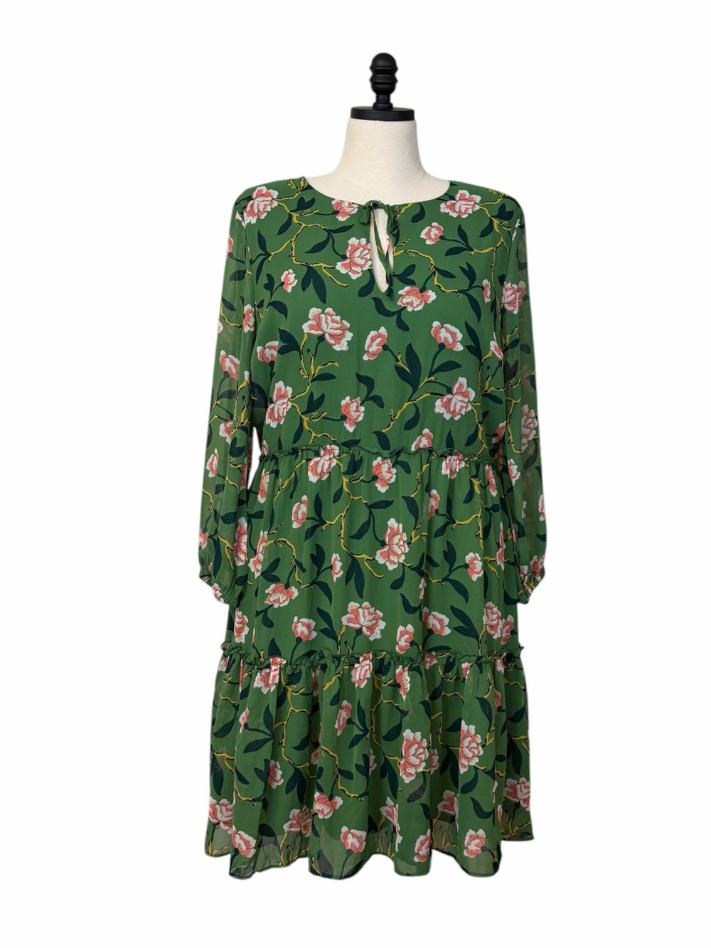 Ann Taylor Factory Floral Tiered Dress 16 Keyhole Long Sleeve Green Pink NWT